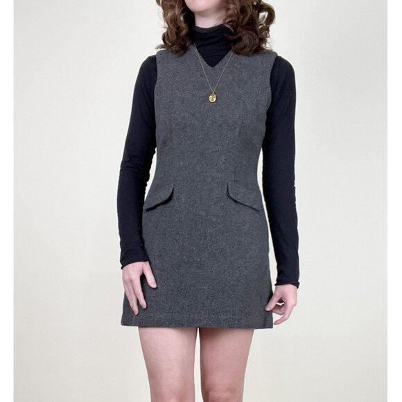 Vintage Wool Pinafore Mini Dress Preppy Dark Light Academia Fall Winter 90s Y2K - Picture 4 of 10